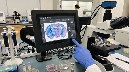 最新の企業 ソリューションについて デジタル顕微鏡システムのための工業タッチパネルPC:高解像度ディスプレイと制御インターフェース